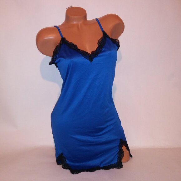 Lingerie Chemise Slip Blue Black Lace Trim Sleeveless Night Gown Sleepwear - Picture 2 of 8